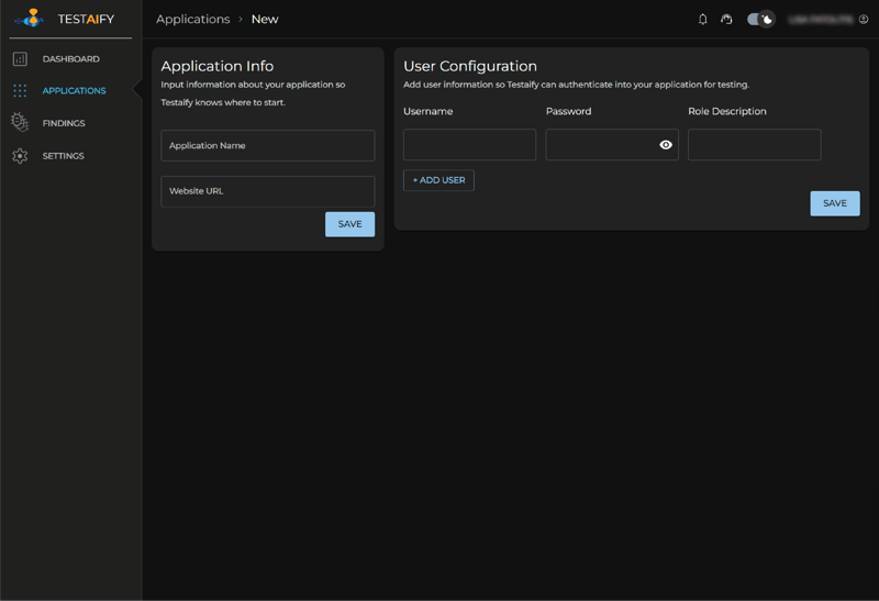 Testaify's clean application setup form showing these fields