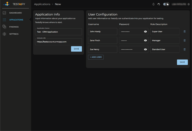 User management interface showing multiple test users with different roles