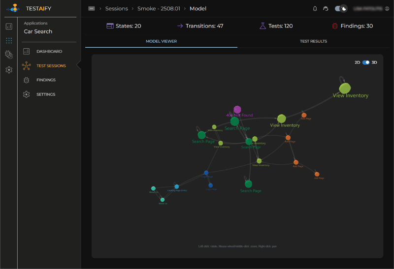 Testaify's test session page showing discovered flows and test execution progress