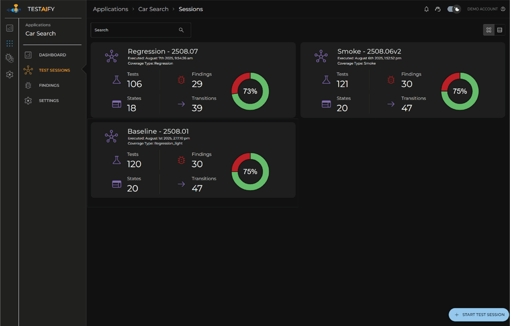 Sessions dashboard with an application selected and the Test Sessions option highlighted in the sidebar