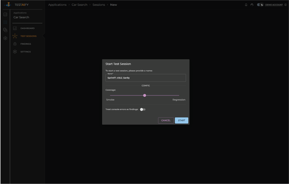 Screenshot that shows how you can complete test session setup interface with all configuration options: session name field, test type selector (Smoke/Middle/Regression), console error toggle, and Start button