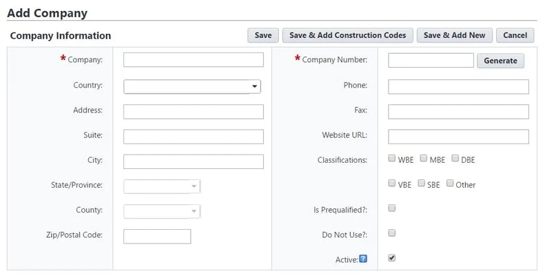 Sample Add Company form demonstrating how many combinations of tests are possible based on input values, check boxes, and dropdowns.