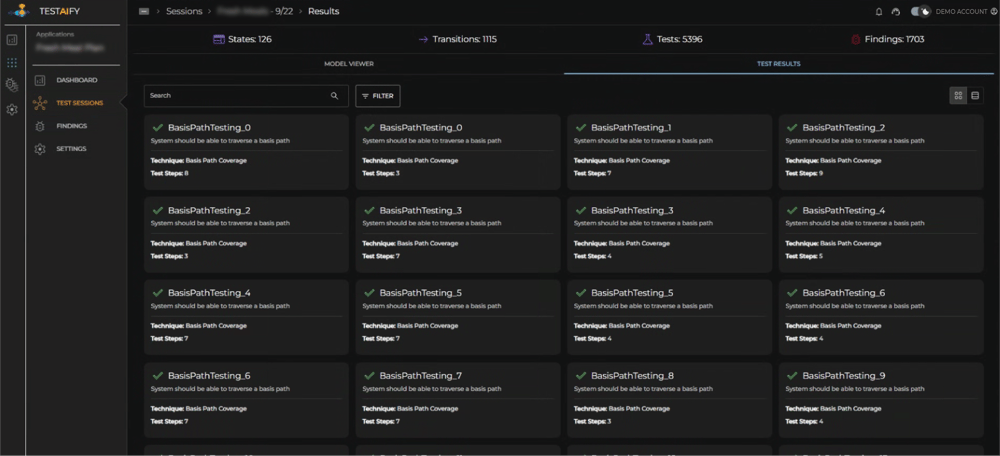Latest test session details panel