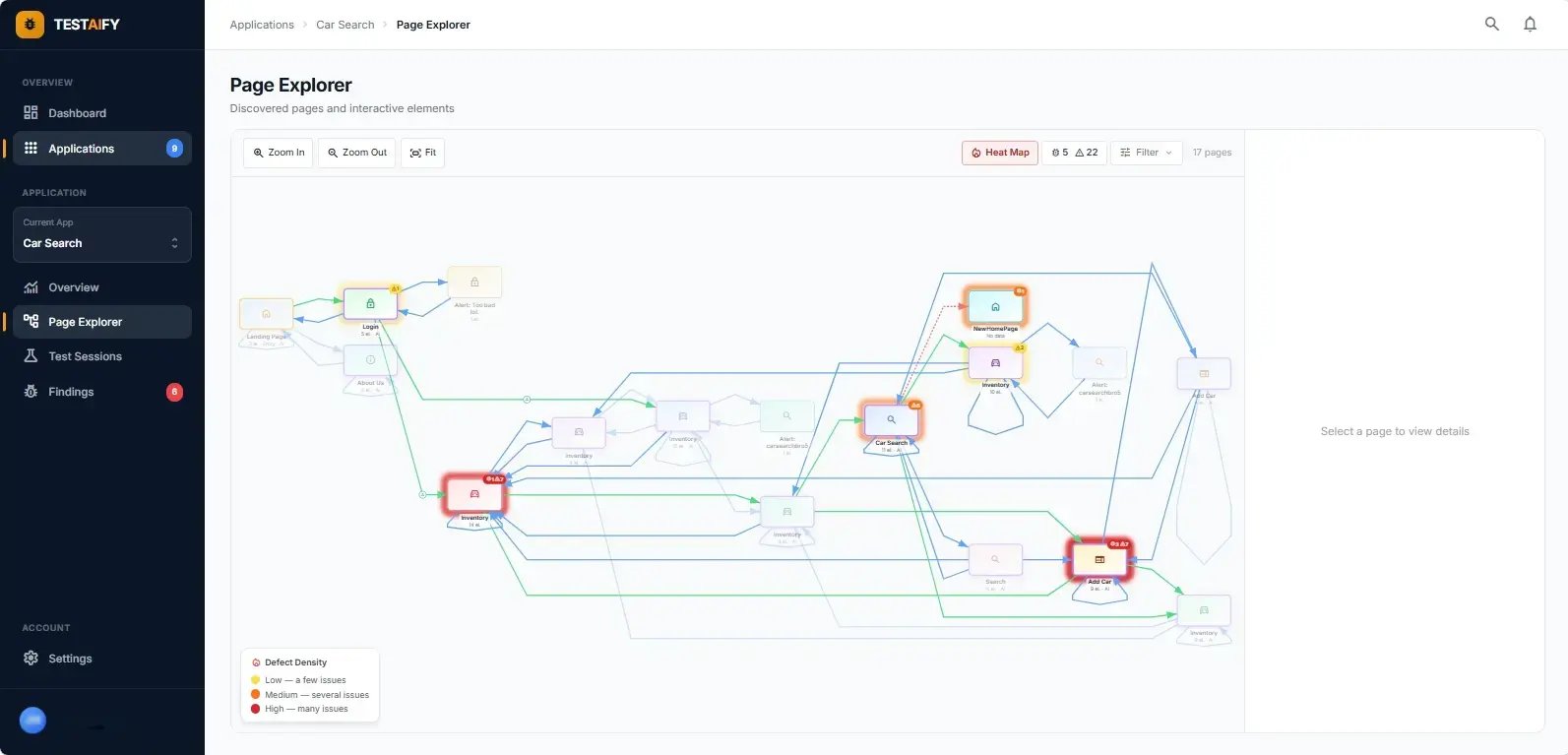 Testaify’s Heat Map feature visualizes defect density across the application to help teams prioritize investigation and validation efforts.