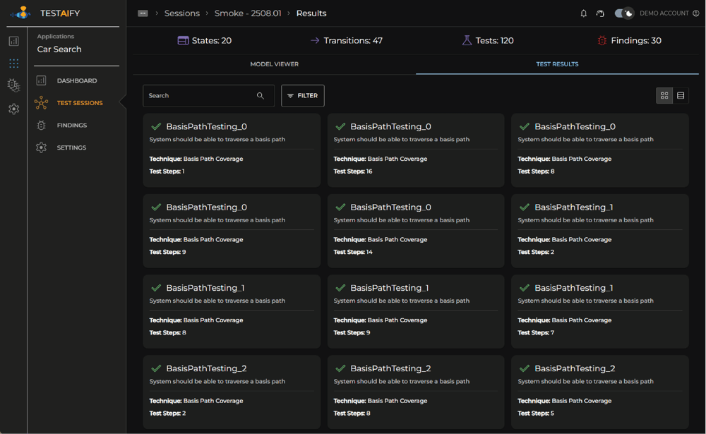 Click on Test Sessions, then Results, to see all findings