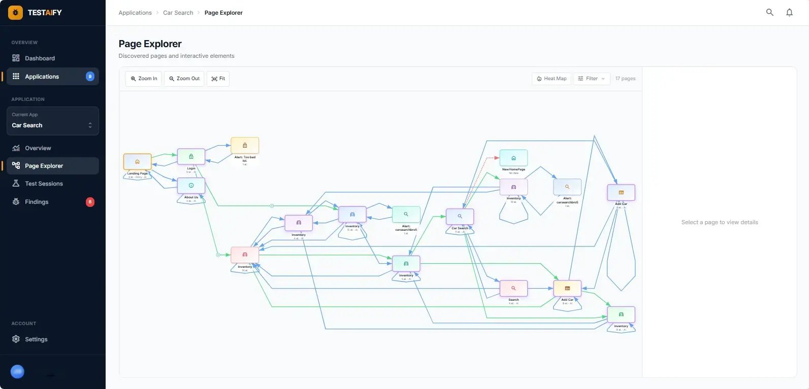 Testaify’s autonomous application map visualizes connected workflows, explored paths, and discovered behaviors across the application.