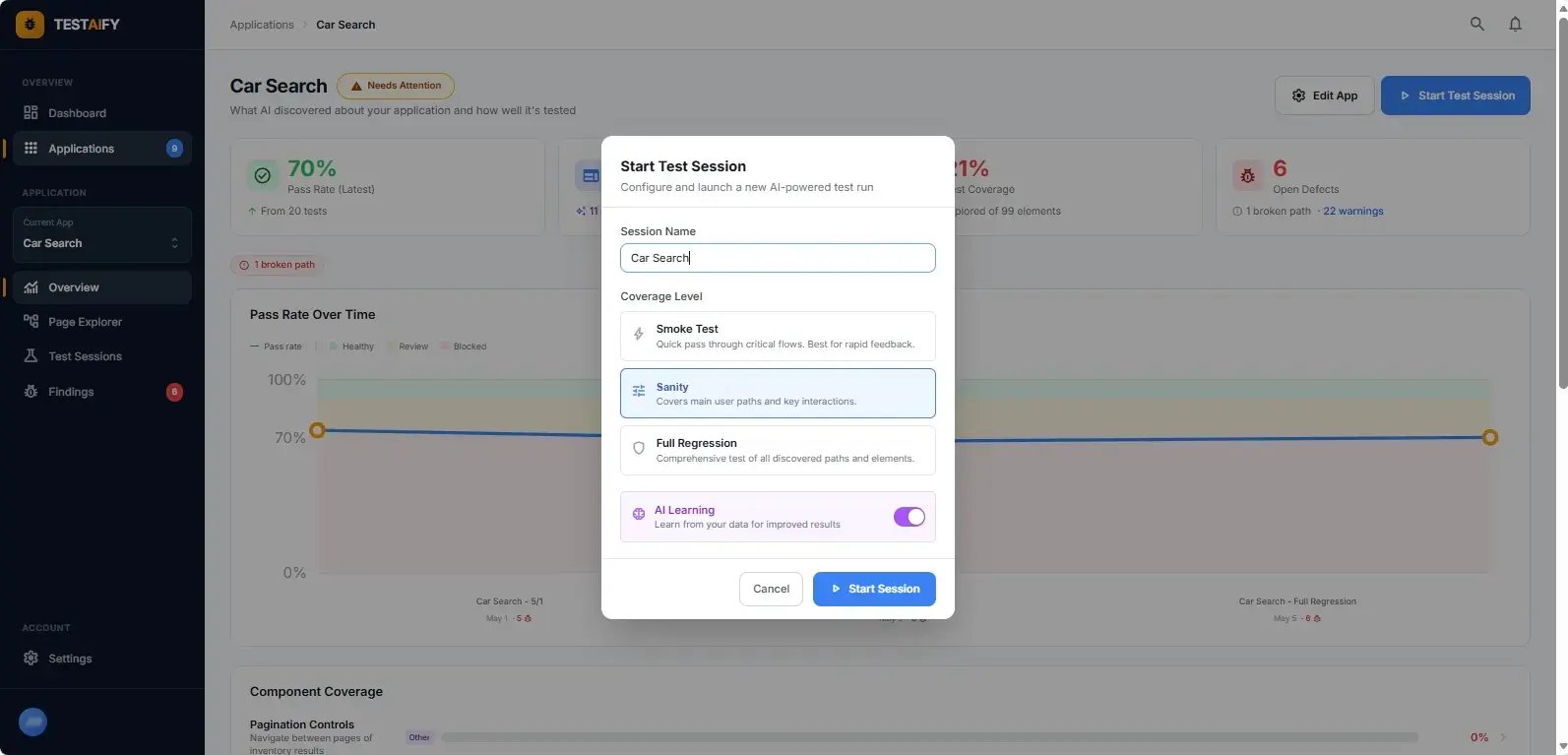 Teams can configure testing depth from smoke to full regression, enable AI learning between sessions, and integrate autonomous validation into CI/CD workflows.