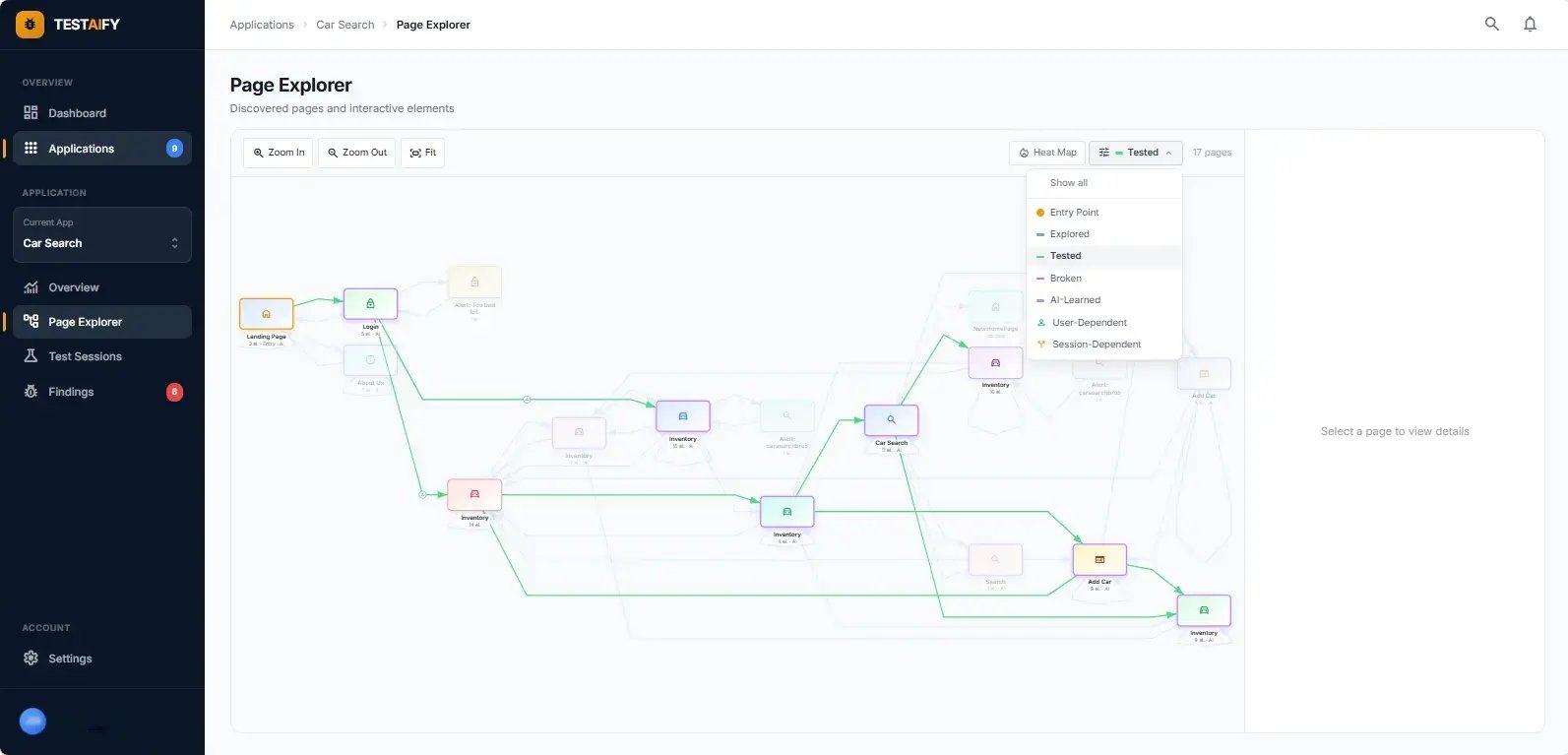 Teams can filter the application map to visualize tested paths, explored workflows, broken flows, AI-learned behavior, and connected system relationships.