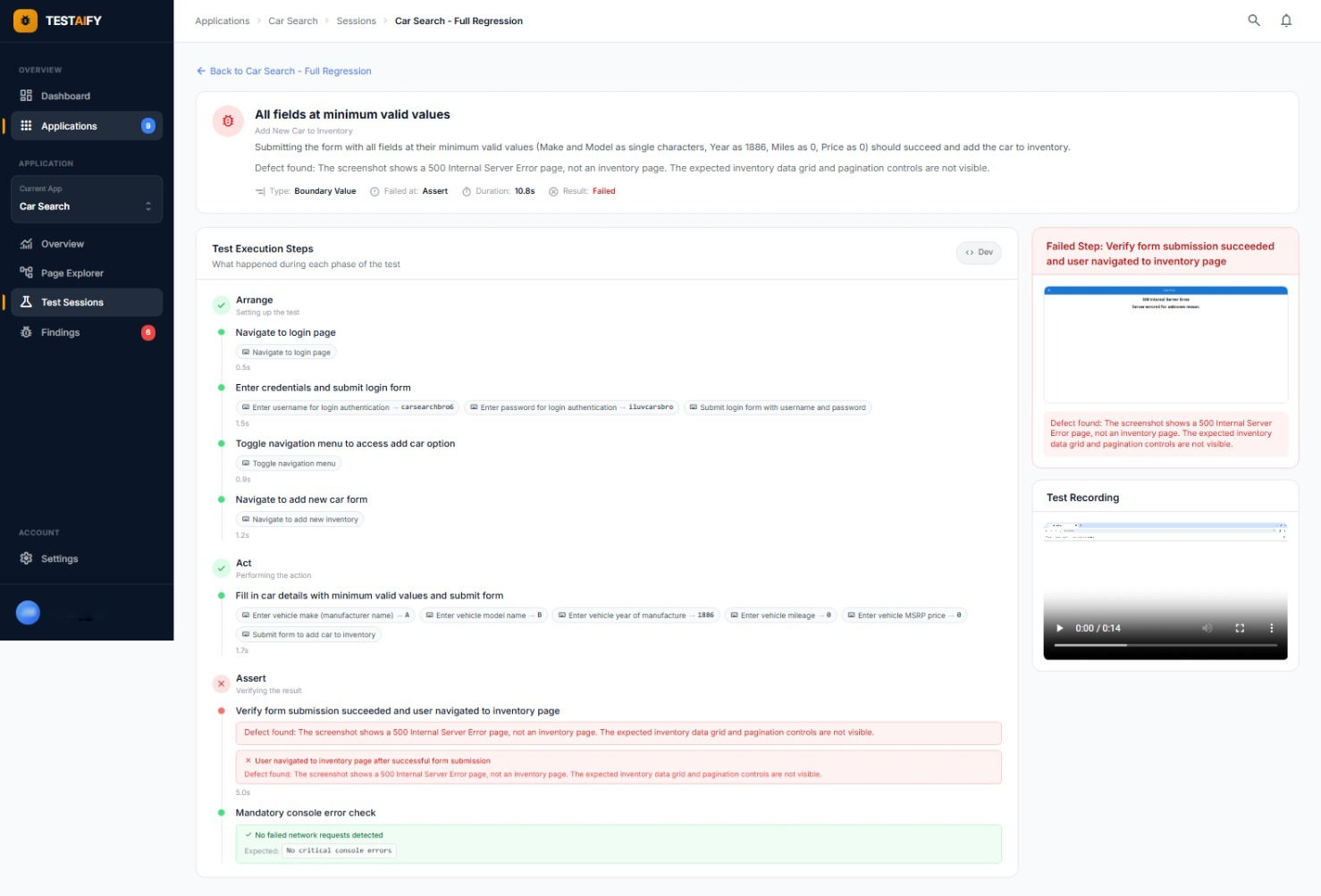 Testaify captures replay, execution detail, assertions, and contextual findings when workflows fail.