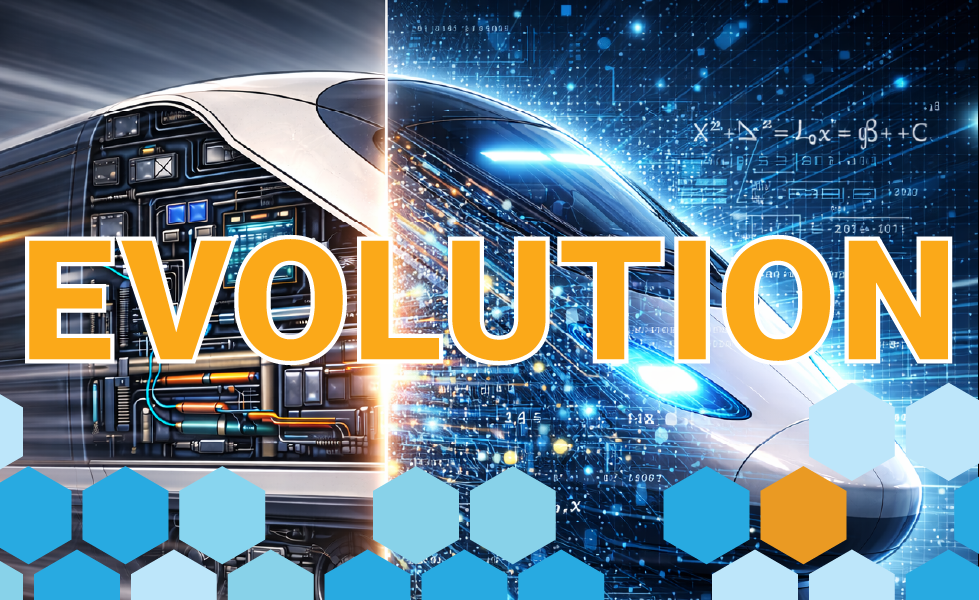 AI and autonomous testing will help testing evolve, shown as a high-speed train morphs into a digital train in a digital environment.