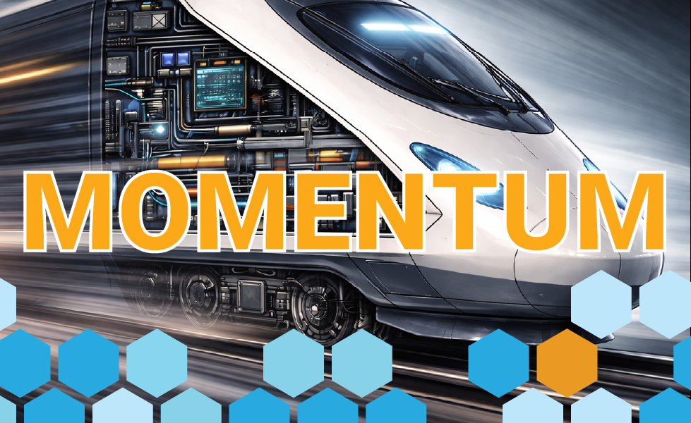 Close-up of a high-speed bullet train in motion, with a partial cutaway revealing internal mechanical and digital components, set against a motion-blurred background to convey speed and acceleration.