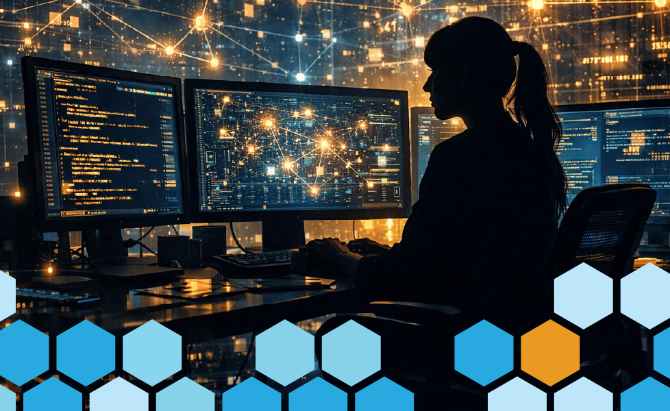 The silhouette of a female QA tester sits in front of a double-screen workstation in a digital room.