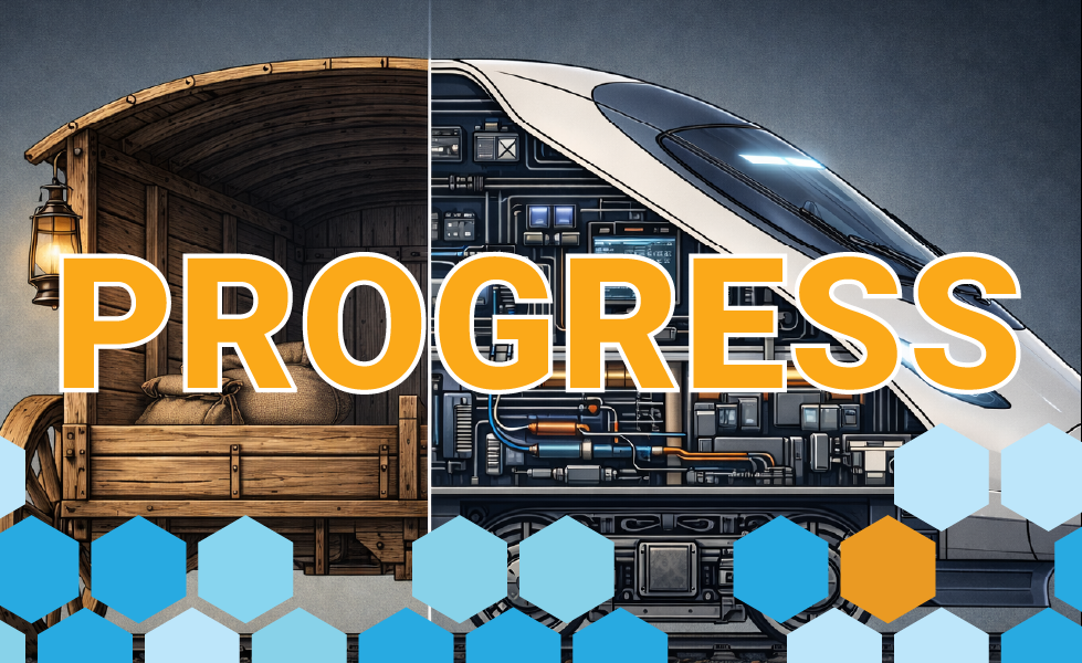 Testing's evolution is illustrated by a wooden wagon morphing into a high-speed train car.