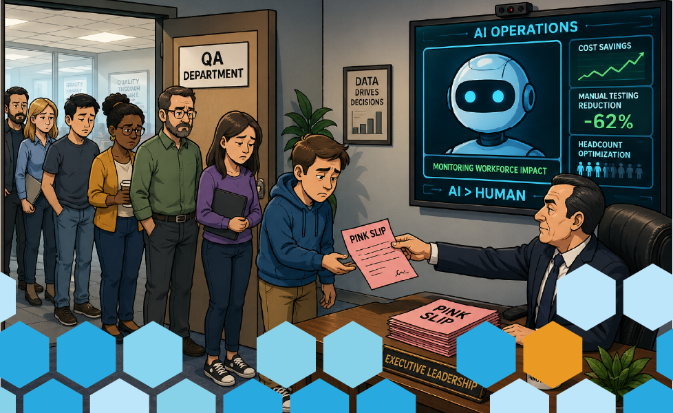 Various people stand in line into an office to receive pink slips from a suited executive while an AI computer screen watches.
