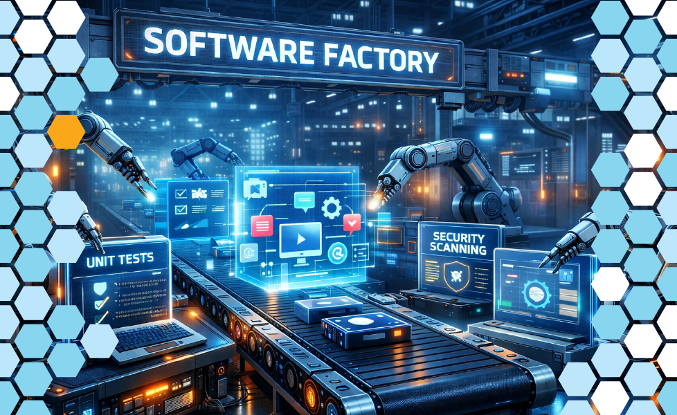This digital rendering of a software factory shows AI writing unit tests and doing security scanning as teams try to test without testers.
