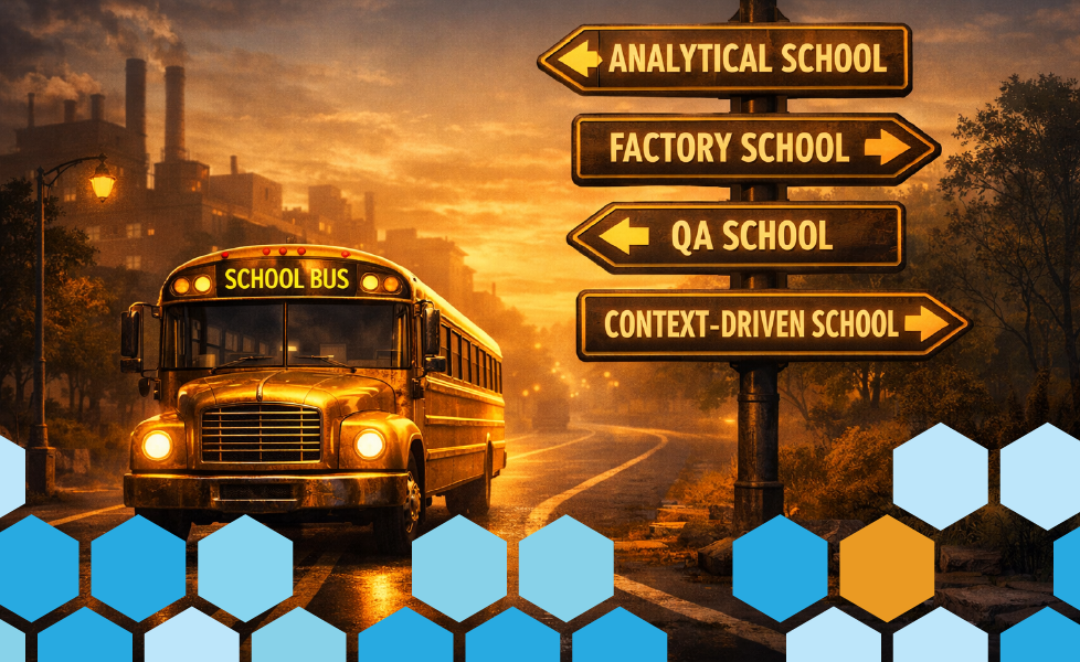 A digital school bus is navigating a road with signs pointing to the analytical, factory, QA, and context-driven schools of test automation.